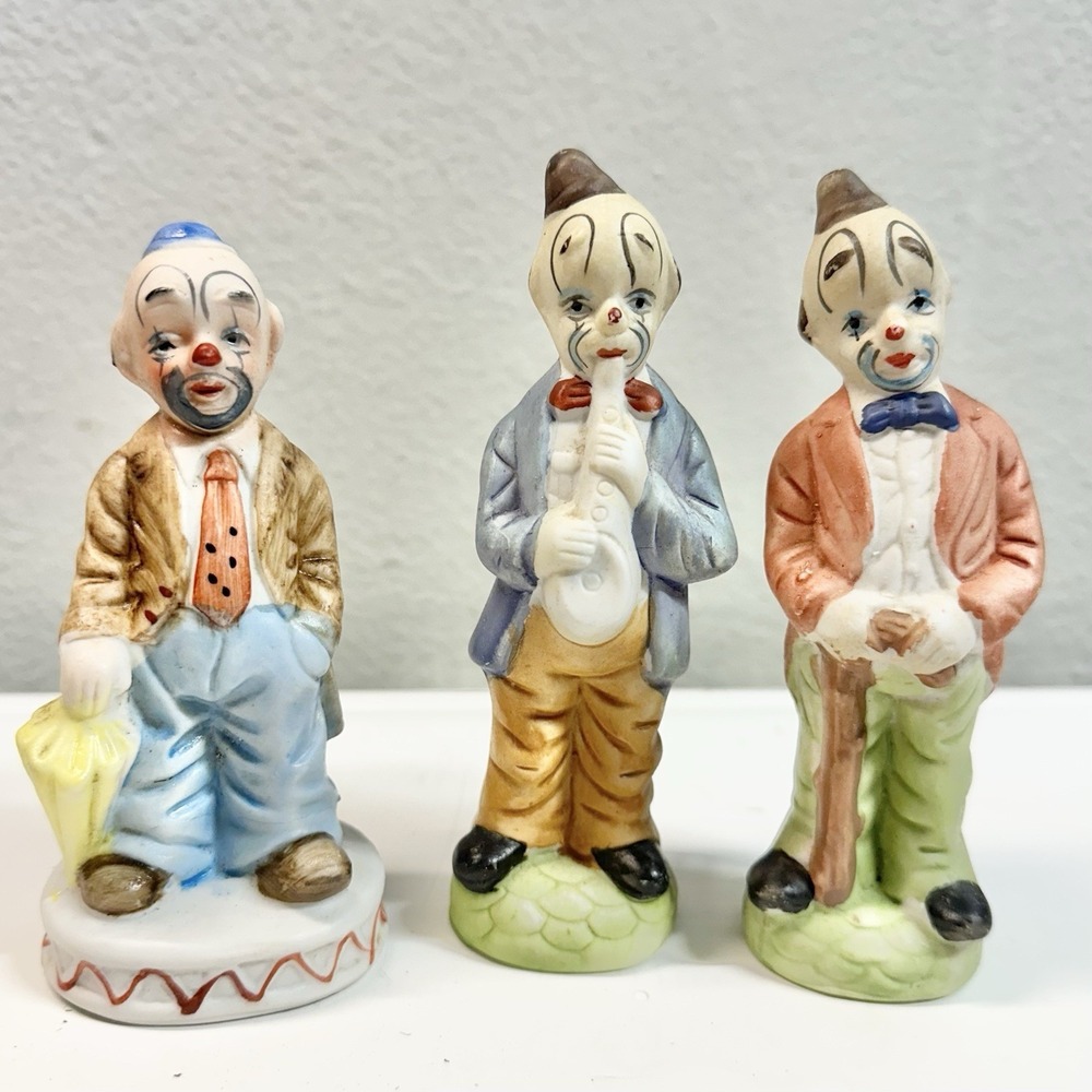 Vintage Porcelain Clown Figurines Set of 3 Umbrella Clarinet Cane 5-5.5"